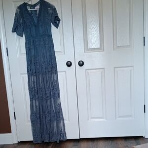 Pink Lily Slate Blue Lace Tiered Maxi Dress